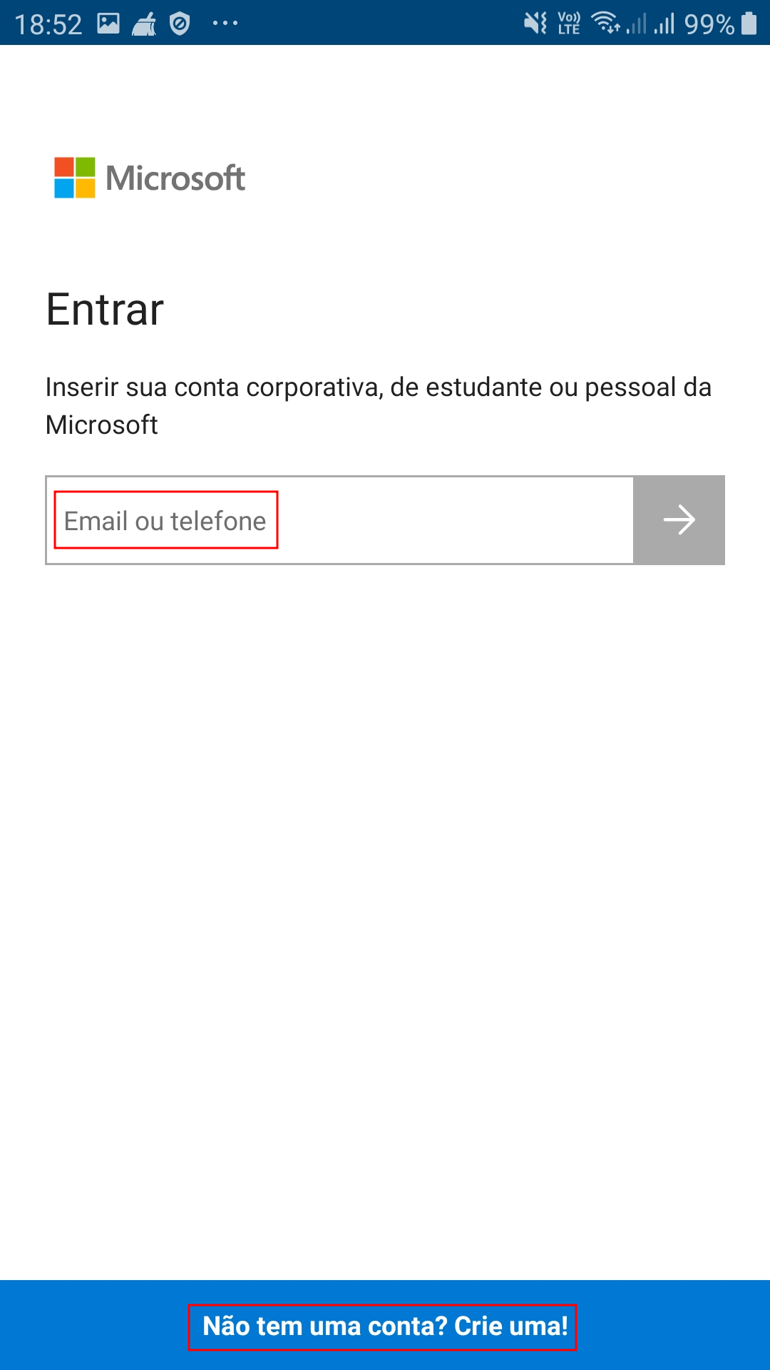 Tela de acesso com um campo de inserção de email acima e um botão abaixo de cor azul com a mensagem 'Não tem uma conta? Crie uma!' 