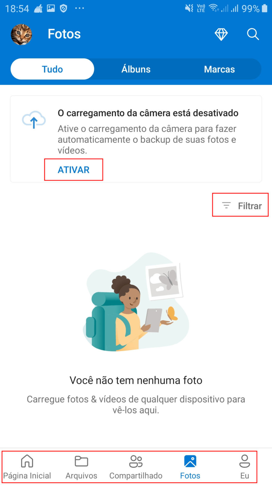Imagem mostra opções para navegação; 'fotos', 'álbuns', 'marcas'. Abaixo temos um desenho de uma garota com uma mochila azul