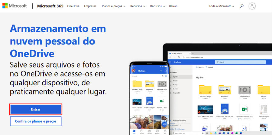 Página inicial da Microsoft com acesso ao OneDrive