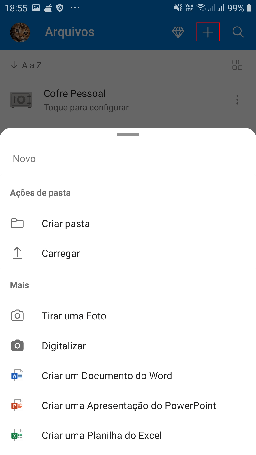 Menu de opções que sobe assim que o usuário clica no sinal de '+' que fica no menu superior