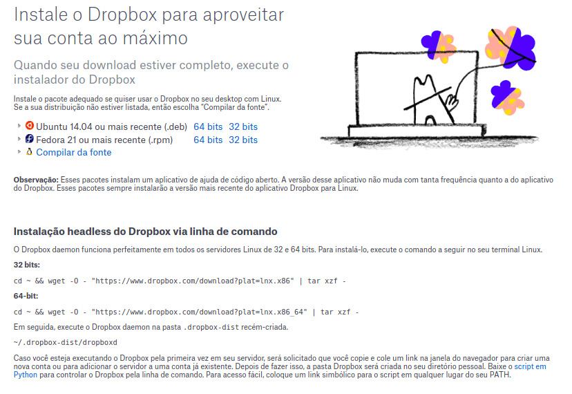 Imagem com diversas informações sobre sistemas operacionais aos quais o Dropbox pode ser instalado. No canto superior direito a um desenho