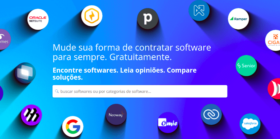 Imagem da página inicial do Portal B2B Stack. A imagem possui um fundo em tons de azul, logos de empresas dentro de círculos e uma barra de busca bem ao centro da tela