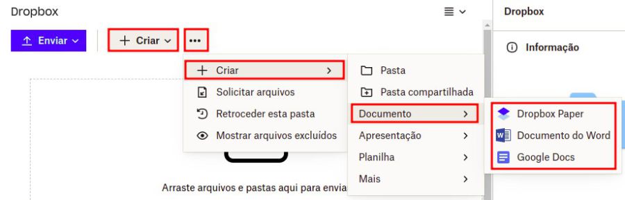 Imagem de informações de menus abertos no dropbox