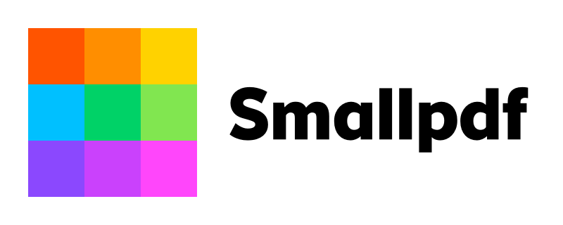 Logo Do SmallPDF. A imagem mostra um quadrado divido em nove quadrados menores, cada um com uma cor diferentes sendo na ordem da esquerda para direita: vermelho, laranja, amarelo, azul, verde escuro, verde claro, roxo, roxo claro e rosa. A direita do quadrado o nome da empresa escrito de preto