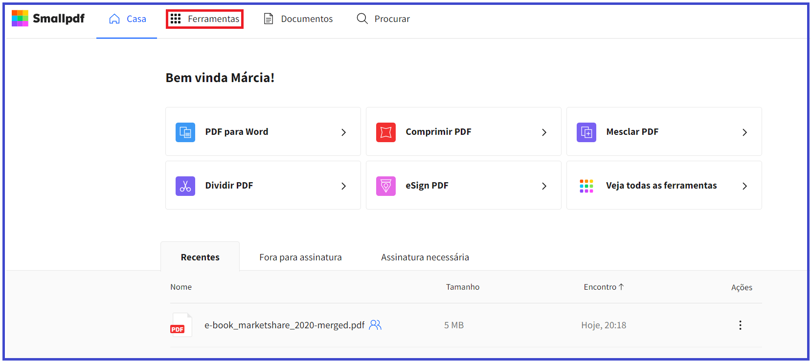 Imagem de página de edição de documentos em PDF com destaque a opção 'ferramentas' localizada no menu superior da página