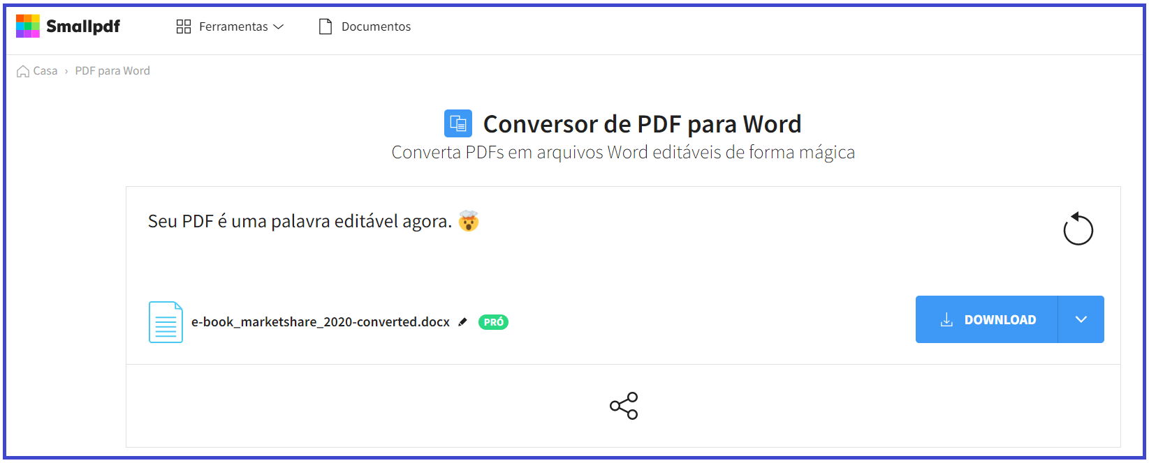 Conversor de Word com um botão azul no canto inferior direito escrito 'download' com um seta para baixo